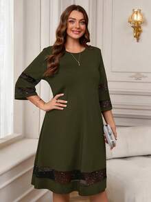 EMERY ROSE Đầm đen dáng rộng, thanh lịch, cổ tròn, tay lỡ 3/4, phối lưới tương phản, dành cho nữ cỡ lớn, thích hợp mặc mùa đông. - xanh quân đội - Xem 6