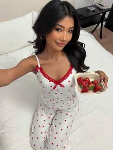 ZzzCrew Women's Sleepwear Set With Heart Design, Contrast Lace Camisole And Ribbed Lounge Pants - White - View 5