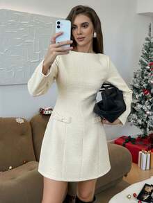 SHEIN LUNE Women's Cream White Long Sleeve Elegant Dress,Autumn Vintage Sequin Textured Fabric Bow Tie Waist Mini Dress,Suitable For Christmas Party & Dining - Apricot - View 4