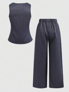 SHEIN Tween Girls' Summer Casual Striped Front Button Camisole And Pants Set - Grey - View 2