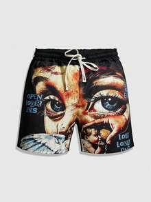 ROMWE MEN Street Life Men's Street Graphic Print Casual Shorts, Suitable For Spring/Summer - Black - View 3