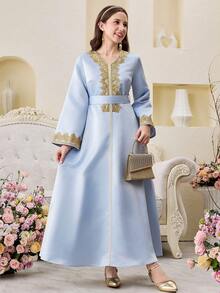 SHEIN 少女V领长袖喇叭袖花卉蕾丝边连衣裙 复古优雅浅蓝色长裙 - 淺藍色 - 查看 7