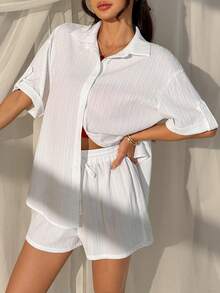 SHEIN EZwear 女士白色梭织短袖衬衫和短裤休闲套装 - 白色 - 查看 7