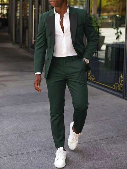 Manfinity Bizformal 男士深绿色双排扣正式商务西装套装