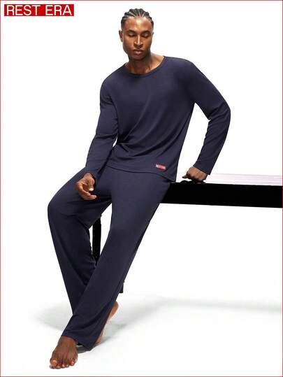 Rest Era Men's Solid Color Long Sleeve Top And Pants Casual Pajama Set