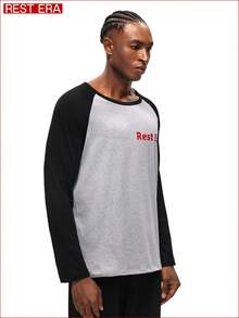 SHEIN 1pc Men's Raglan Sleeve Sweatshirt, Gray Body With Black Sleeves And Collar, Red "Rest Era" Print On Chest, Casual And Versatile Design, Suitable For Everyday Wear - Multicolor - View 3
