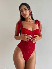 Aloruh 女士性感情人节纯红色蝴蝶结蕾丝连体衣 - 紅色 - 查看 4