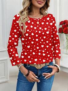 EMERY ROSE Women's Valentine's Day Allover Heart Print Round Neck 3/4 Sleeve Blouse, Suitable For Spring/Summer, Valentine's Day Carnival - Multicolor - View 4
