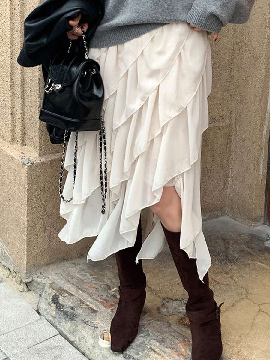 DAZY Chân váy chiffon bất đối xứng, thiết kế cổ điển kiểu Pháp dành cho nữ. - Màu be - Xem 1