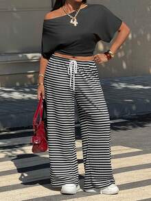 SHEIN EZwear Plus Size Women Drawstring Waist Wide Leg Loose Casual Striped Pants - Black and White - View 4