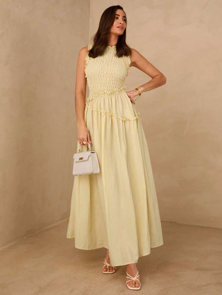Enchnt Spring/Summer New Style Yellow Sleeveless Elastic Waist Romantic Dress, Summer Vacation Outfit, Yellow Dress, Valentine's Day Dress, Elegant Women's Dress, Sundress, Vacation & Leisure & Afternoon Tea - Yellow - View 1