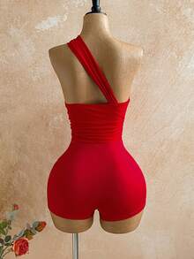 Soleia New Sexy Red Hollow-Out Backless One-Shoulder Jumpsuit, Suitable For Vacation, Music Festival, Bohemian, Holiday, Afternoon Tea, Crochet, Linen, Red Bodysuit ,Spring Outfit Women ,Valentines Day Outfit ,Valentine Bodysuit , - Red - View 2