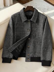 Franclia Plus Size Short Black Plaid Woven Fabric Jacket With Collar Long Sleeves And Rib Knit Detail For Casual Wear - Black - View 1