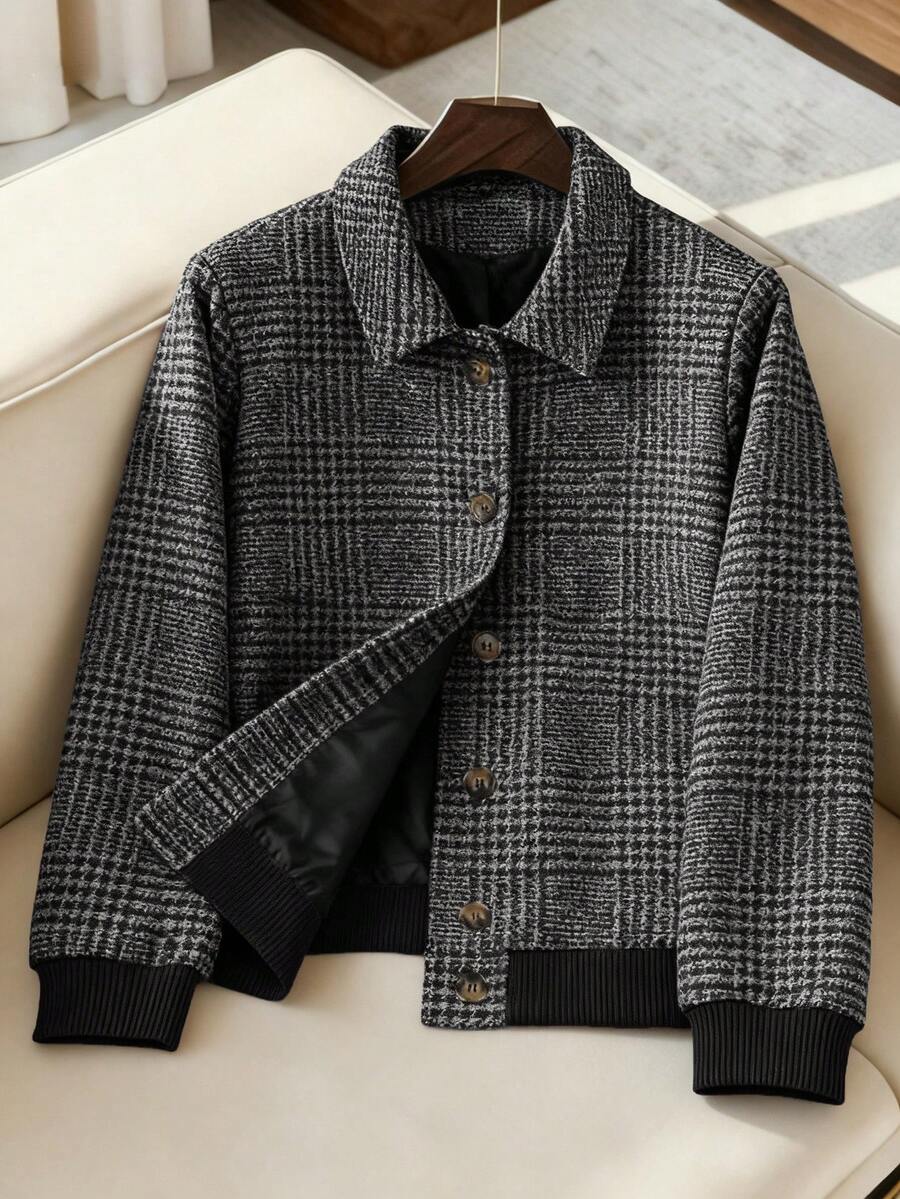 Franclia Plus Size Short Black Plaid Woven Fabric Jacket With Collar Long Sleeves And Rib Knit Detail For Casual Wear - Black - View 1