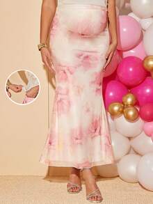 Loomaby Maternity Floral Print Adjustable Waist Mermaid Hem Elegant Skirt Dress Gender Reveal Dress Maternity Dress Baby Shower Dress - Pink - View 6