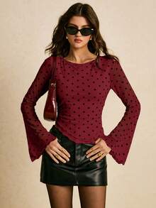 Poéselle 女士撞色波点印花长袖T恤 - 酒紅色 - 查看 5