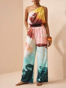 Zivah Women's Tie-Dye One-Shoulder Twist Pleated Top And Elastic Waist Wide Leg Pants Casual Outfit Set - Multicolor - View 7