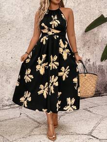 Breezaya Plus-Size Women's Fashionable Elegant Black Monochrome Floral Print Dress,Boho Summer Vacation Holiday Off-The-Shoulder Backless Twisted-Waist Dress - Multicolor - View 6