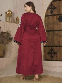 SHEIN Najma CURVE Casual Leaf Jacquard Fringe Trim Loose Long Sleeve Maxi Dress, Plus Size Women Turkish & Arabic Traditional Kaftan, Spring/Autumn - Red - View 2