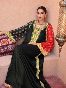 Al Najma 休闲印花传统优雅长袖宽松常规女式束腰连衣裙，适合春秋季穿着 - 彩色 - 查看 1