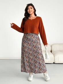 SHEIN Essnce Plus-Size Women's Autumn/Winter Fashion Casual Loose Comfortable Everyday Two Pieces Set: Orange-Brown Top And Floral Long Dress,Fall Outfits,Country Style