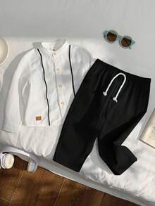 2pcs Baby Boy/Girl Decorated Ribbon Collar Short Sleeve Cardigan Top And Elastic Waist Casual Pants Set - Black and White - View 3