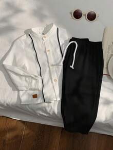 2pcs Baby Boy/Girl Decorated Ribbon Collar Short Sleeve Cardigan Top And Elastic Waist Casual Pants Set - Black and White - View 4