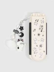 Bộ lược và gương gấp hình mèo dễ thương, kiểu dáng Y2K với họa tiết nốt nhạc và ngôi sao, lược nhỏ gọn tiện dụng cho mùa tựu trường, lược gương cầm tay tự làm. - Màu vàng nhạt - Xem 3