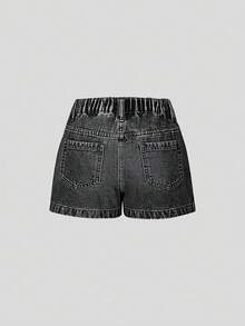 SHEIN 少女Y2K风格牛仔短裙，时尚水洗牛仔蓝，百搭舒适不对称设计，弹性腰带，少女牛仔短裙 - 黑色 - 查看 3
