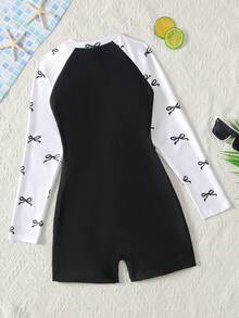 SHEIN Tween Girls' Casual Vacation Colorblock Bow Tie Dye One-Piece Swimsuit, Suitable For Spring/Summer - Black and White - View 2