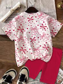 SHEIN Set de 2 piezas con camiseta de manga corta y pantalones cortos con estampado de conejo de dibujos animados, estilo dulce y casual con decoración de lazo al estilo ballet, adecuado para el verano - Multicolor - Ver 3