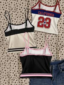 Attitoon Bộ 3 áo hai dây croptop nữ cỡ lớn in chữ và số theo phong cách thể thao cổ điển, kiểu dáng thường ngày đa năng, phù hợp cho mùa hè, mùa xuân, đi biển, xem bóng đá, các sự kiện thể thao, đồng phục cổ vũ. - Nhiều màu - Xem 2