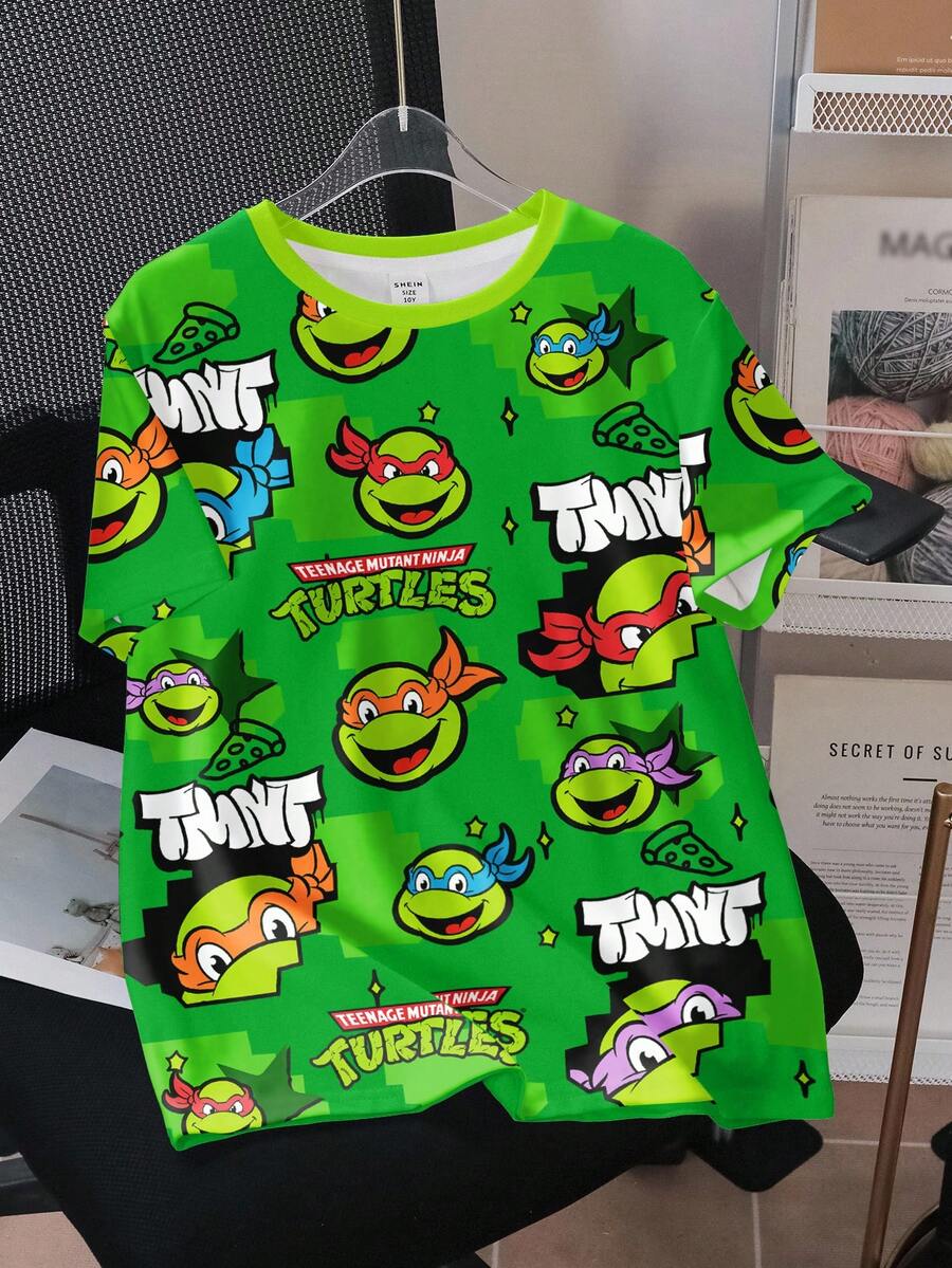 TEENAGE MUTANT NINJA TURTLES | SHEIN 男童休闲卡通海龟印花圆领短袖T恤，夏季 - 白色 - 查看 1