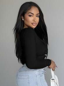 Alexandranx Áo thun cổ tròn dệt kim co giãn màu trơn gợi cảm cho nữ, tay dài cài nút trang trí, dáng ôm vừa vặn, đa năng để mặc hàng ngày - màu đen - Xem 4