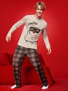 Notgurli 可爱动物字母印花圆领长袖格子裤男士睡衣套装 - 彩色 - 查看 1