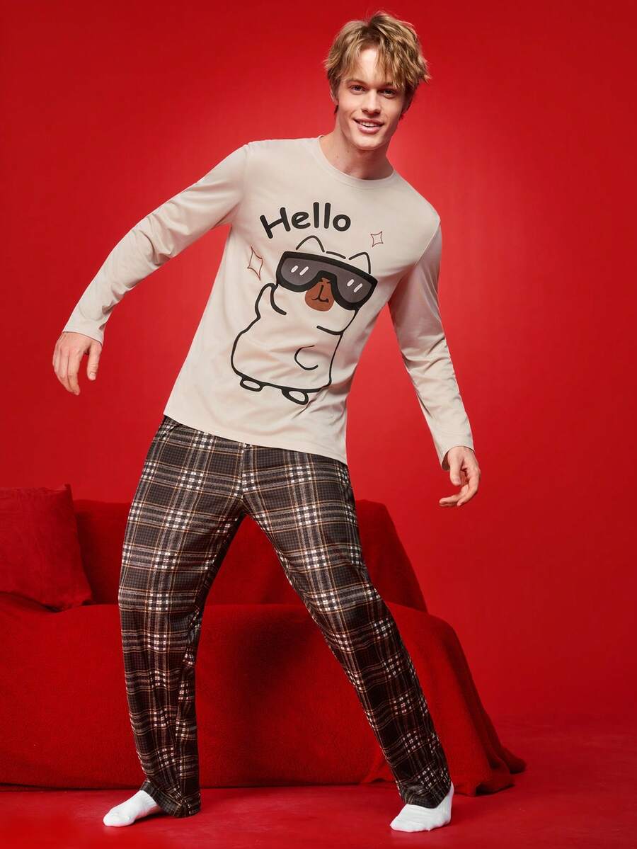 Notgurli 可爱动物字母印花圆领长袖格子裤男士睡衣套装 - 彩色 - 查看 1