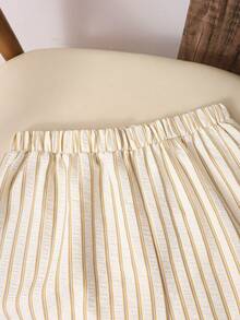 SHEIN Vintaside Kids 2件套青少年男童休闲条纹衬衫短裤套装 - 杏色 - 查看 7