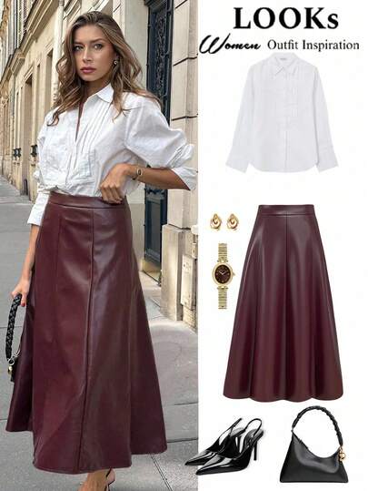 Vionelle Plus Size Women's Elegant Solid Color High-Quality PU Fabric Skirt, Elastic Waist, Invisible Side Zipper, A-Line Design, Long Midi Skirt, Suitable For Concerts, Outings, Weddings, Parties, Christmas, New Year, Birthdays, Fashion Essential