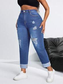 SHEIN SXY Jeans de talla grande para mujer con bolsillos y efecto desgastado, de tela vaquera elástica y ajustada - Azul lavado medio - Ver 5