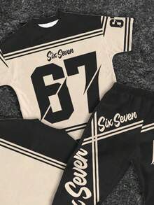 SHEIN Bộ 2 món cho bé trai tuổi teen: áo thun cổ tròn và quần ống loe, trang phục mùa hè thường ngày, phong cách đường phố hip-hop cổ điển với dòng chữ và hình in "6, 7, Six & Seven", kiểu dáng thể thao bóng chày, phong cách Y2K. - Nhiều màu - Xem 3