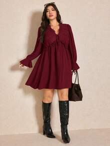 Elaquor Plus Size Elegant Commuter Solid Color Lace Patchwork Dress - Burgundy - View 4