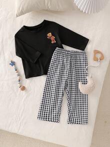 2pcs/Set Toddler Boys' Casual Bear Print Loose Fit Long Sleeve Top And Plaid Straight Leg Pants Pajama Set Checkered Baby Boy Clothes Boy Pajamas Set Pajama Baby Set Baby Boy Two Piece Set Baby Boys 2pcs - Black - View 7