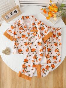 SHEIN 2pcs/Set Dozemod Young Girl Girls Vintage Floral Pattern Lapel Front Pocket Short Sleeve Loose Comfortable Woven Pajama Set, Sibling Matching Outfits (2 Sets Sold Separately) - Orange - View 3