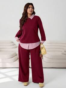 SHEIN EZwear 2025秋冬时尚两件套，百搭条纹衬衫叠穿卫衣搭配宽松长裤，适合休闲、约会、通勤、派对、居家穿着，大码可选，酒红色 - 酒紅色 - 查看 4