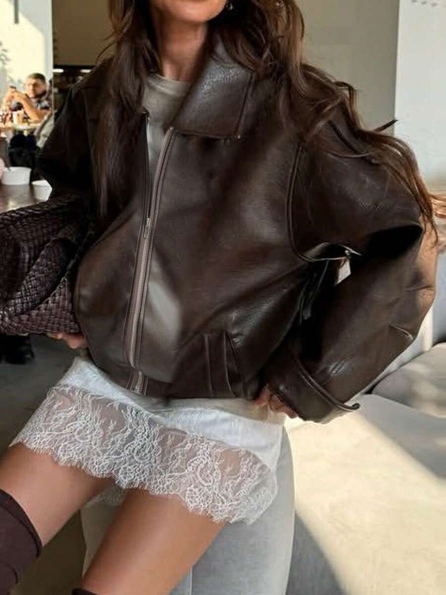 DAZY Women's Loose Casual Designed Brown Leather Jacket, Versatile For Spring, Summer, Autumn, Winter