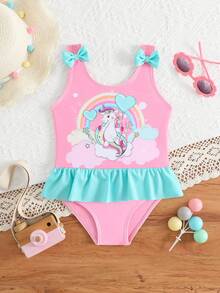 女婴七色彩虹爱心气球连体泳衣，带蝴蝶结，苹果绿 - 彩色 - 查看 3