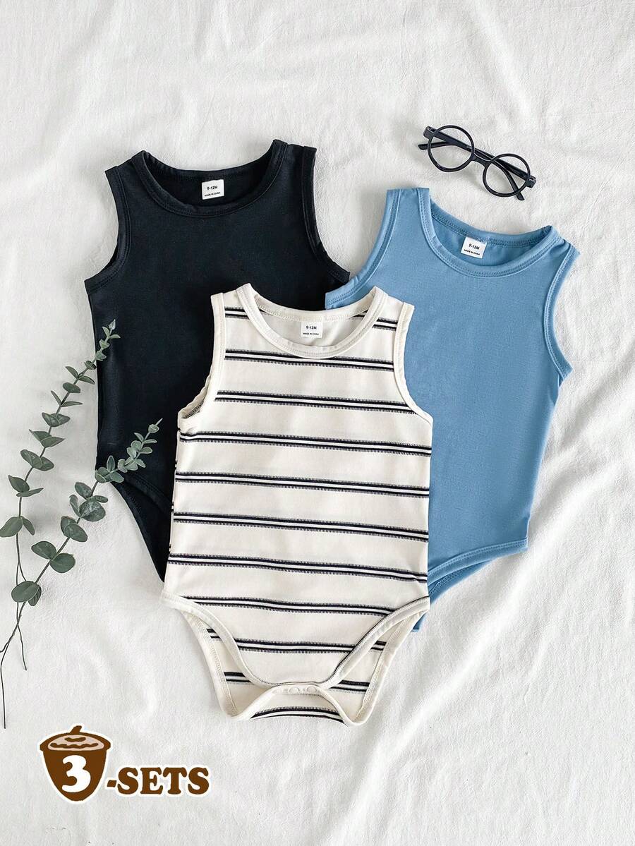 SHEIN Vintaside Kids 3件套男婴夏季休闲无袖连体衣 - 彩色 - 查看 1