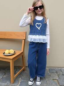 Elladie kids Young Girls Fashion Cute Little Heart Pattern Sleeveless Vest Camisole With White Long Sleeve Round Neck Top And Casual Denim Pants Jeans Set Kids Long Sleeve Sets Childrens Jeans Set 2 Piece Denim Sets Girl Clothes Set Little Girl Denim Set Daddy's Valentine Kids Jeans Set Childrens Denim Outfit - White - View 5