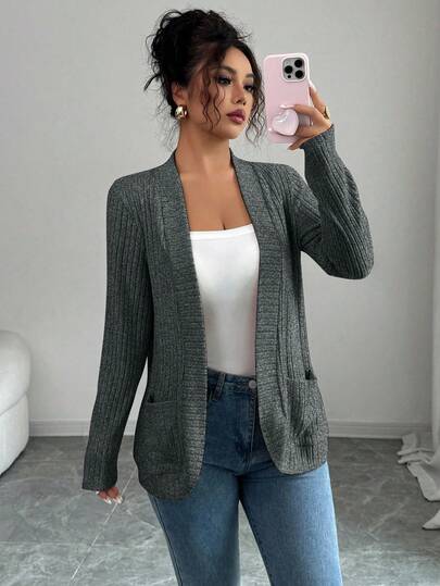 EMERY ROSE 女士休闲罗纹磨毛开襟侧袋短裤外套，轻便