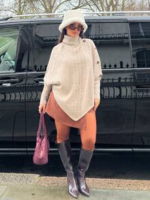 NegzBox Button Detail Turtleneck Casual Women's Sweater,Long Sleeve Tops Knit Pullover Fall Winter Outfit - Khaki - View 1